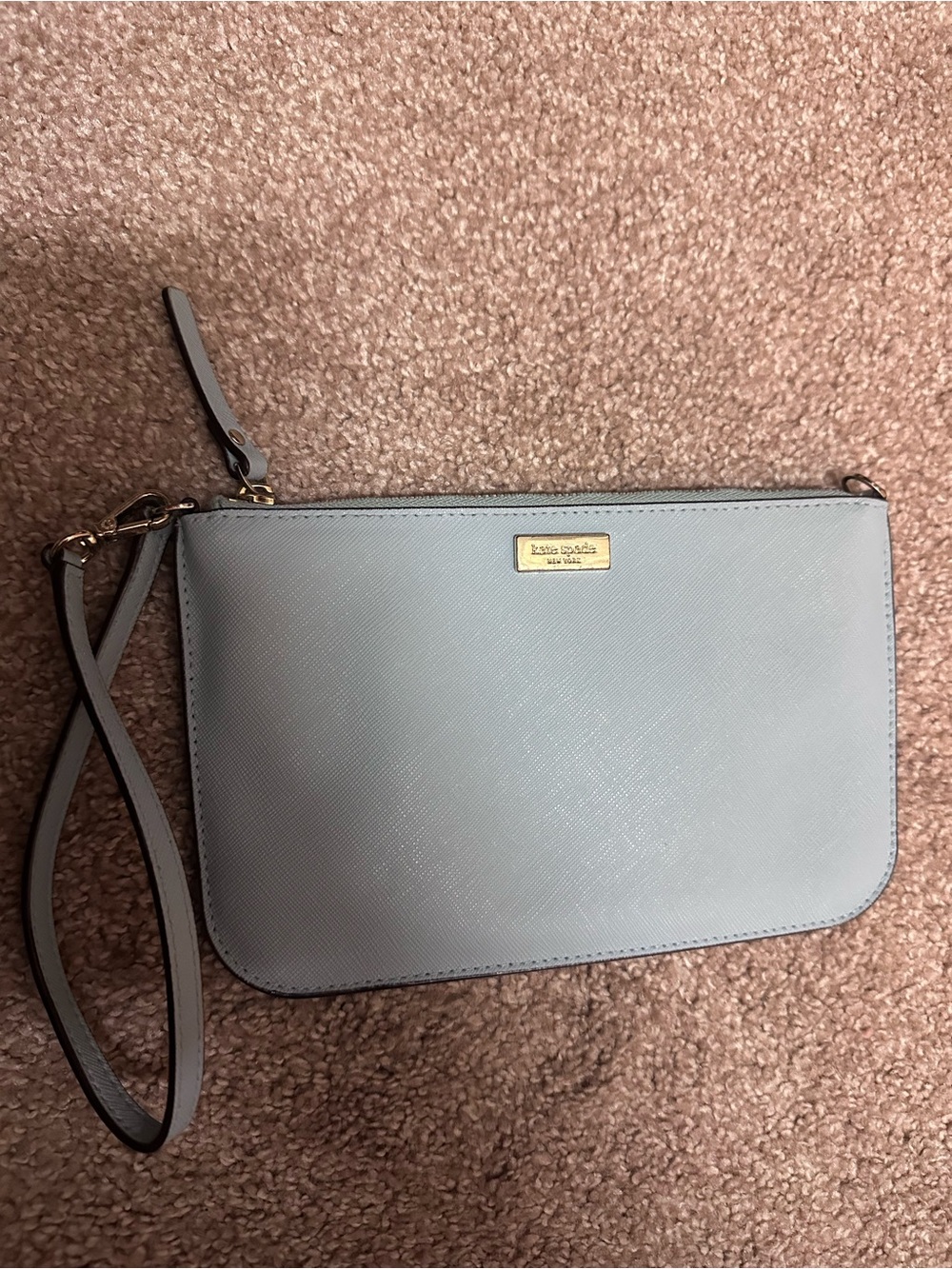 kate spade pale blue wristlet clutch with gold hardware